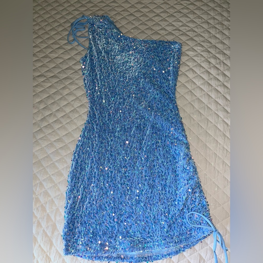 DISCONTINUED COLOR Small Lucy in the Sky One Shoulder Velvet Sequin Dress
